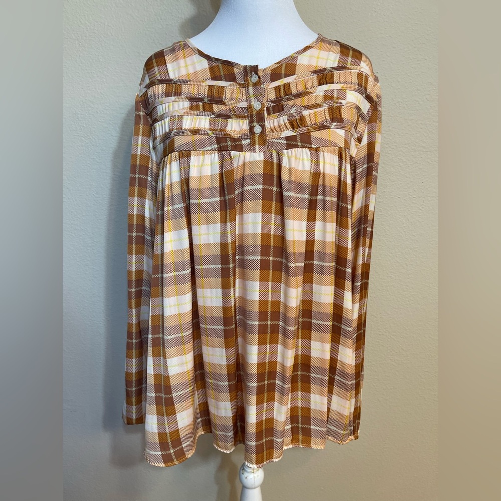 LC Lauren Conrad Brown Tan and Cream Plaid Peasant Blouse